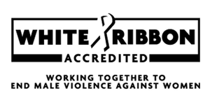 White Ribbon Accredited: Working together to end male violence against women Logo