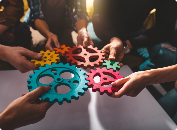 image of several hands holding different coloured cogs symbolising working together